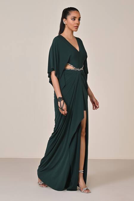 Buy_S&N By Shantnu Nikhil_Emerald Green Jersey Cut Work, Sequins V-neck Draped Gown With Embellished Waist_Online_at_Aza_Fashions