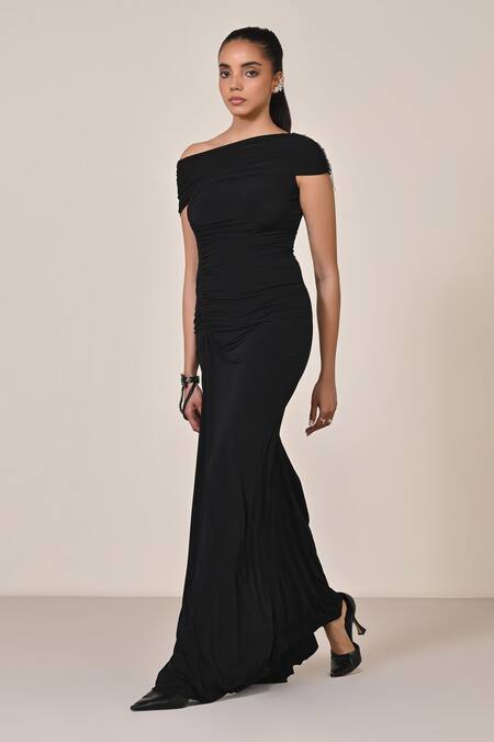 Buy_S&N By Shantnu Nikhil_Black Polyester Cut Work, Beads, Sequins Asymmetric Cutdana Embellished Gown_Online_at_Aza_Fashions