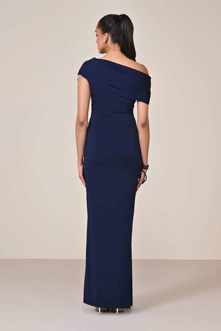 Shop S&N By Shantnu Nikhil Blue Polyester Cut Work, Beads, Sequins Asymmetric Embellished Draped Gown at Aza Fashions Shop_S&N By Shantnu Nikhil_Blue Polyester Cut Work, Beads, Sequins Asymmetric Embellished Draped Gown_at_Aza_Fashions