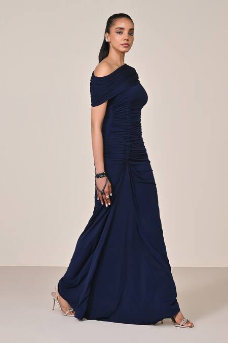 Buy S&N By Shantnu Nikhil Blue Polyester Cut Work, Beads, Sequins Asymmetric Embellished Draped Gown Online at Aza Fashions Buy_S&N By Shantnu Nikhil_Blue Polyester Cut Work, Beads, Sequins Asymmetric Embellished Draped Gown_Online_at_Aza_Fashions