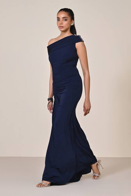 Shop S&N By Shantnu Nikhil Blue Polyester Cut Work, Beads, Sequins Asymmetric Embellished Draped Gown Online at Aza Fashions Shop_S&N By Shantnu Nikhil_Blue Polyester Cut Work, Beads, Sequins Asymmetric Embellished Draped Gown_Online_at_Aza_Fashions