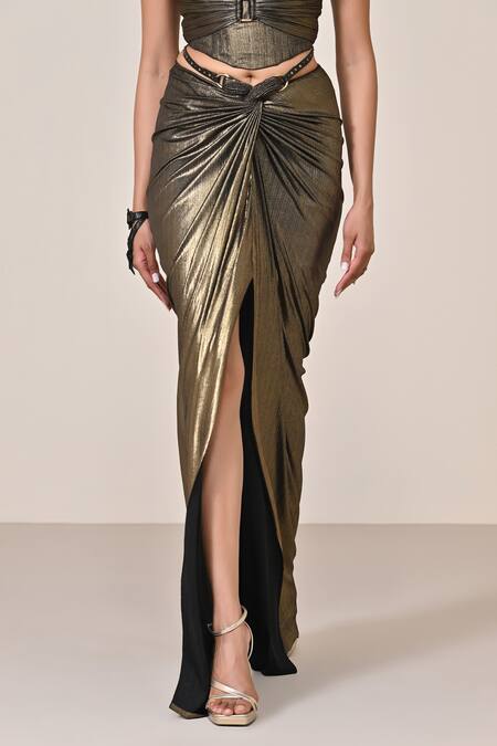S&N By Shantnu Nikhil Gold Lurex Twisted Draped Skirt Online at Aza Fashions S&N By Shantnu Nikhil_Gold Lurex Twisted Draped Skirt_Online_at_Aza_Fashions