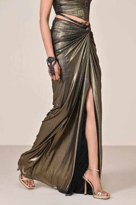 Buy S&N By Shantnu Nikhil Gold Lurex Twisted Draped Skirt Online at Aza Fashions Buy_S&N By Shantnu Nikhil_Gold Lurex Twisted Draped Skirt_Online_at_Aza_Fashions
