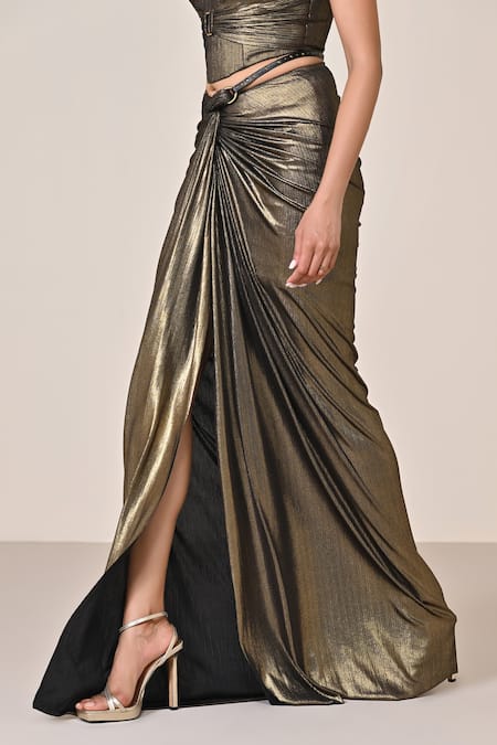 Shop S&N By Shantnu Nikhil Gold Lurex Twisted Draped Skirt Online at Aza Fashions Shop_S&N By Shantnu Nikhil_Gold Lurex Twisted Draped Skirt_Online_at_Aza_Fashions