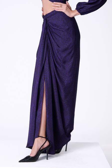 Buy S&N By Shantnu Nikhil Purple Silk Leopard Print Draped Skirt Online at Aza Fashions Buy_S&N By Shantnu Nikhil_Purple Silk Leopard Print Draped Skirt_Online_at_Aza_Fashions