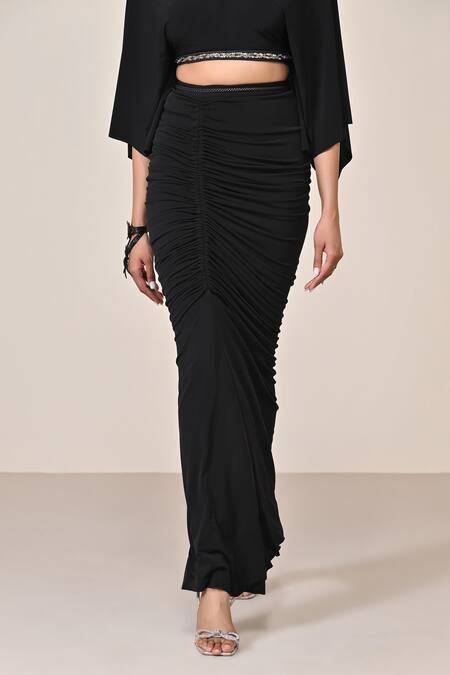 S&N By Shantnu Nikhil_Black Polyester Asymmetric Gathered Skirt_Online_at_Aza_Fashions