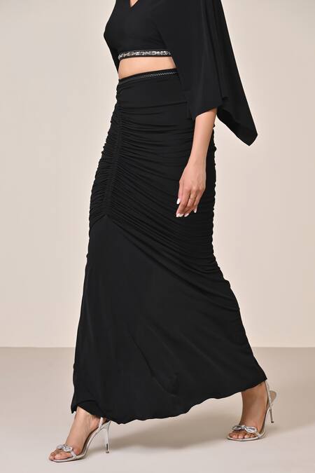 Shop_S&N By Shantnu Nikhil_Black Polyester Asymmetric Gathered Skirt_Online_at_Aza_Fashions