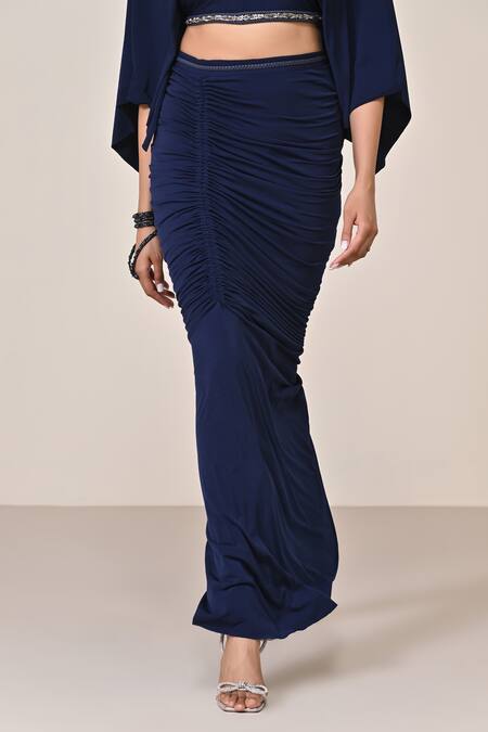 S&N By Shantnu Nikhil_Blue Polyester Navy Gathered Asymmetric Skirt_Online_at_Aza_Fashions