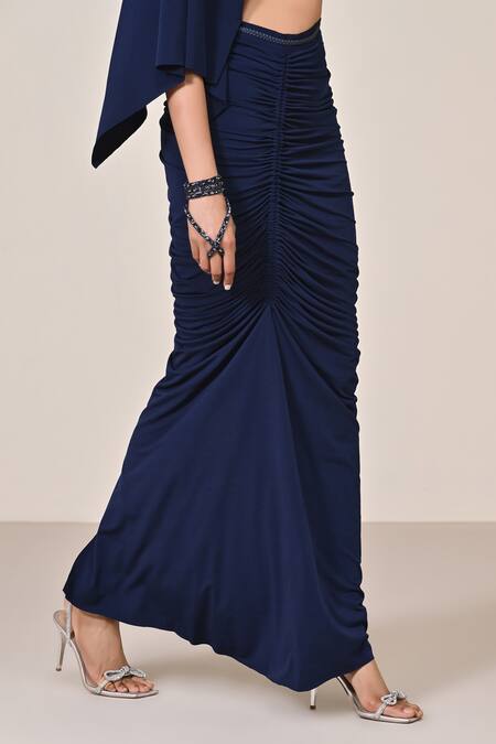 Shop_S&N By Shantnu Nikhil_Blue Polyester Navy Gathered Asymmetric Skirt_Online_at_Aza_Fashions