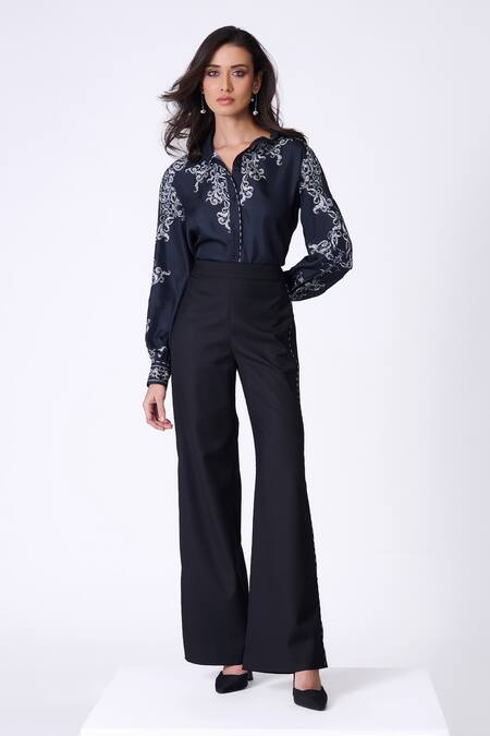 Buy S&N By Shantnu Nikhil Black Embroidery Flared Trouser With Pipe Work Online at Aza Fashions Buy_S&N By Shantnu Nikhil_Black Embroidery Flared Trouser With Pipe Work_Online_at_Aza_Fashions