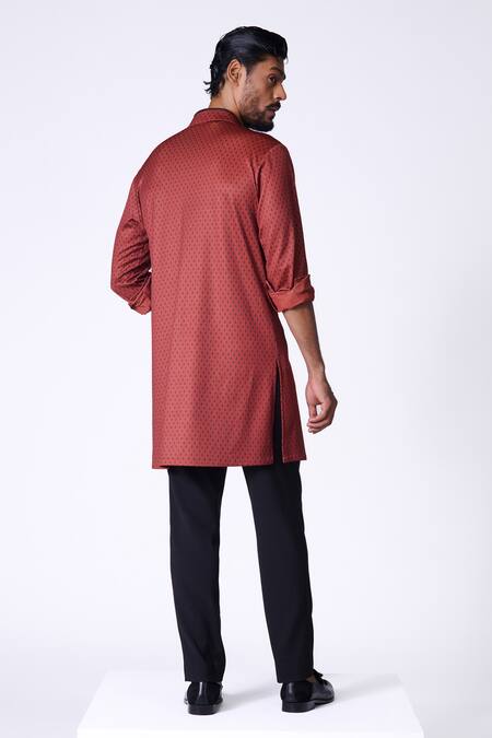 Shop S&N By Shantnu Nikhil Maroon Crepe, Jersey Beads, Embroidery Geometric Print Kurta at Aza Fashions Shop_S&N By Shantnu Nikhil_Maroon Crepe, Jersey Beads, Embroidery Geometric Print Kurta_at_Aza_Fashions