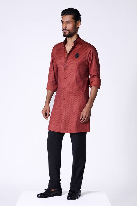 S&N By Shantnu Nikhil Maroon Crepe, Jersey Beads, Embroidery Geometric Print Kurta Online at Aza Fashions S&N By Shantnu Nikhil_Maroon Crepe, Jersey Beads, Embroidery Geometric Print Kurta_Online_at_Aza_Fashions