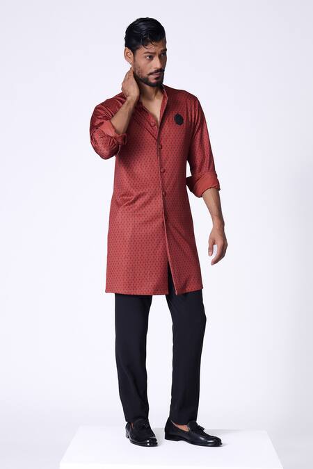 Buy S&N By Shantnu Nikhil Maroon Crepe, Jersey Beads, Embroidery Geometric Print Kurta Online at Aza Fashions Buy_S&N By Shantnu Nikhil_Maroon Crepe, Jersey Beads, Embroidery Geometric Print Kurta_Online_at_Aza_Fashions