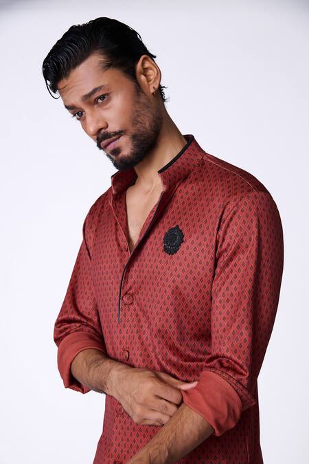 Shop S&N By Shantnu Nikhil Maroon Crepe, Jersey Beads, Embroidery Geometric Print Kurta Online at Aza Fashions Shop_S&N By Shantnu Nikhil_Maroon Crepe, Jersey Beads, Embroidery Geometric Print Kurta_Online_at_Aza_Fashions