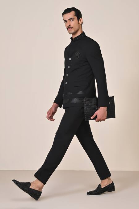 S&N By Shantnu Nikhil_Black Crepe Stones Leather Applique Embellished Bandhgala_Online_at_Aza_Fashions