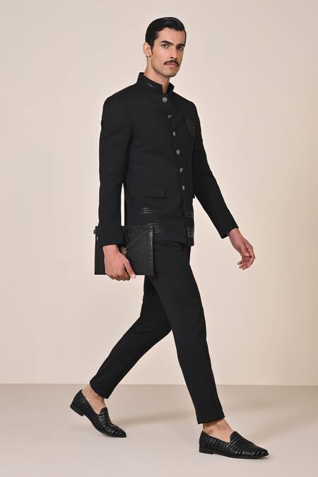 Buy_S&N By Shantnu Nikhil_Black Crepe Stones Leather Applique Embellished Bandhgala_Online_at_Aza_Fashions