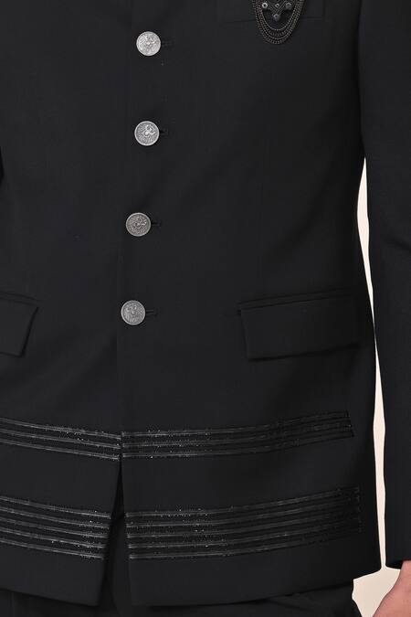 Shop_S&N By Shantnu Nikhil_Black Crepe Stones Leather Applique Embellished Bandhgala_Online_at_Aza_Fashions