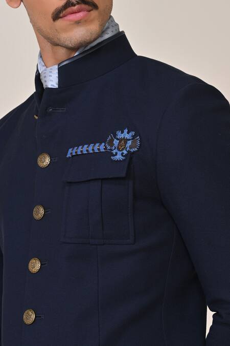 S&N By Shantnu Nikhil_Blue Cotton Studs Crest Placement Embellished Bandhgala_Online_at_Aza_Fashions