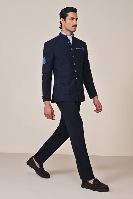 Buy_S&N By Shantnu Nikhil_Blue Cotton Studs Crest Placement Embellished Bandhgala_Online_at_Aza_Fashions