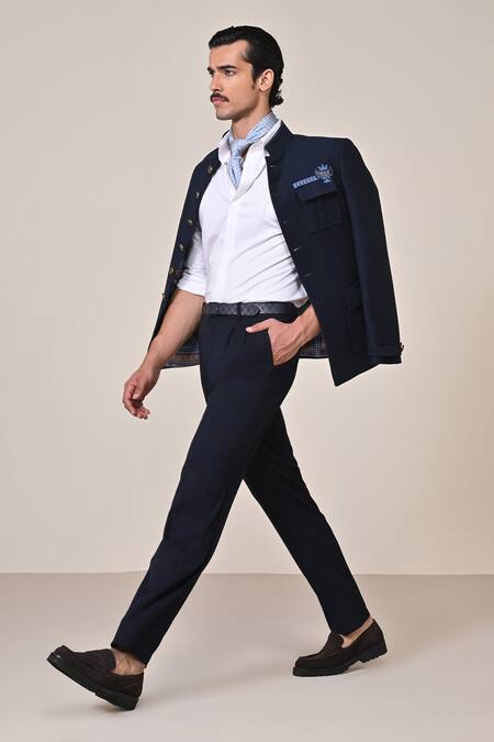 Shop_S&N By Shantnu Nikhil_Blue Cotton Studs Crest Placement Embellished Bandhgala_Online_at_Aza_Fashions