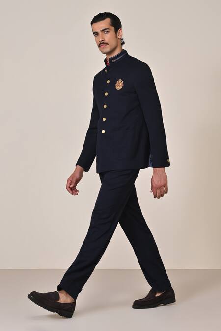 S&N By Shantnu Nikhil_Blue Viscose, Spandex Embroidery Navy Zardozi Bandhgala_Online_at_Aza_Fashions