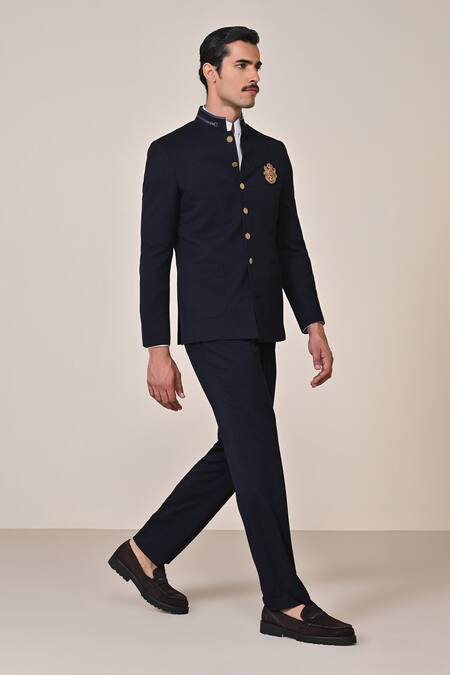 Buy_S&N By Shantnu Nikhil_Blue Viscose, Spandex Embroidery Navy Zardozi Bandhgala_Online_at_Aza_Fashions