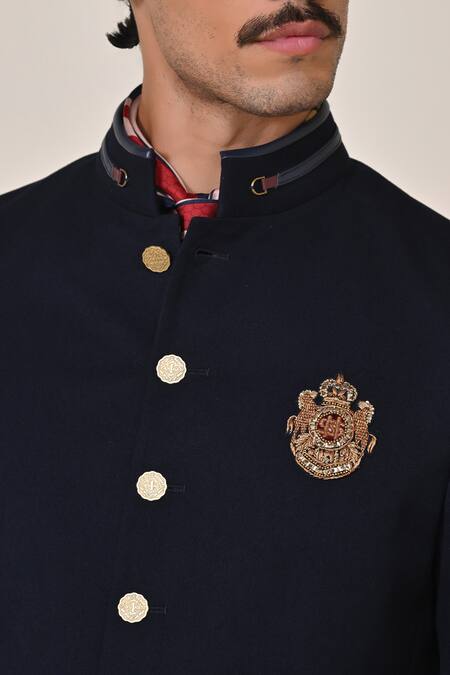 Shop_S&N By Shantnu Nikhil_Blue Viscose, Spandex Embroidery Navy Zardozi Bandhgala_Online_at_Aza_Fashions