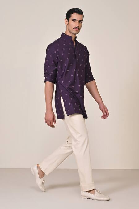 Shop_S&N By Shantnu Nikhil_Purple Viscose Abstract Print Short Kurta_Online_at_Aza_Fashions
