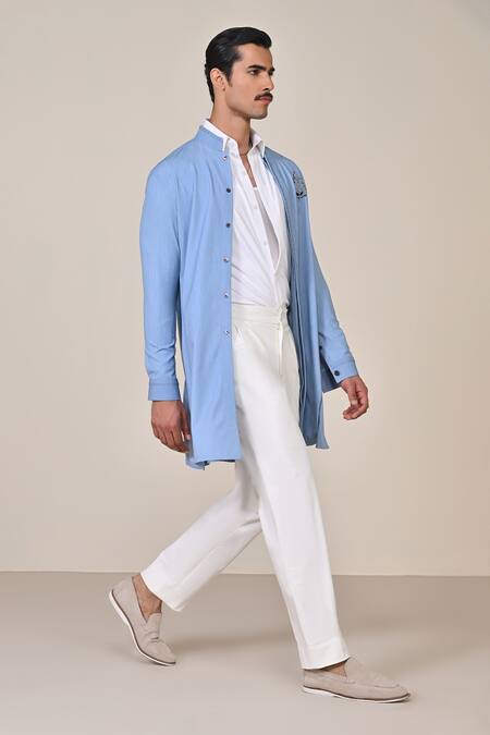 S&N By Shantnu Nikhil Blue Terrycloth Crest Embroidered Kurta Online at Aza Fashions S&N By Shantnu Nikhil_Blue Terrycloth Crest Embroidered Kurta_Online_at_Aza_Fashions