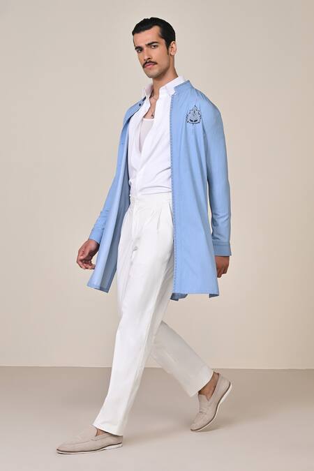 Buy S&N By Shantnu Nikhil Blue Terrycloth Crest Embroidered Kurta Online at Aza Fashions Buy_S&N By Shantnu Nikhil_Blue Terrycloth Crest Embroidered Kurta_Online_at_Aza_Fashions