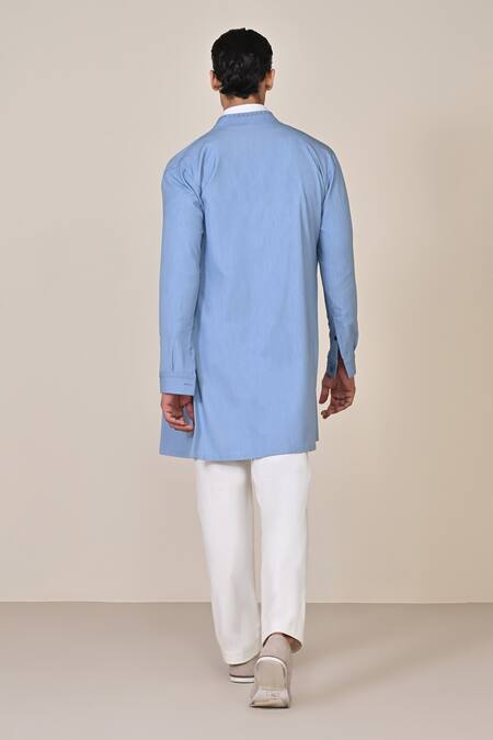 Shop S&N By Shantnu Nikhil Blue Terrycloth Crest Embroidered Kurta at Aza Fashions Shop_S&N By Shantnu Nikhil_Blue Terrycloth Crest Embroidered Kurta_at_Aza_Fashions