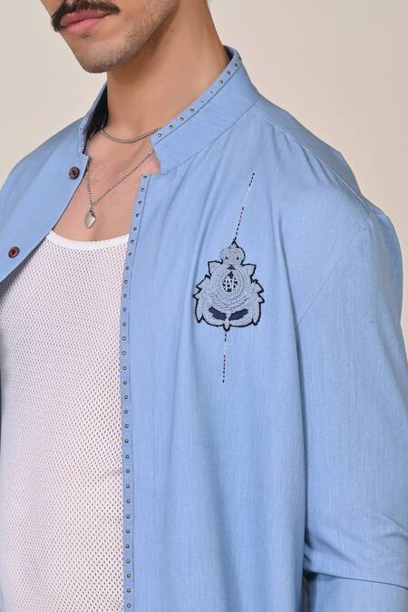 Shop S&N By Shantnu Nikhil Blue Terrycloth Crest Embroidered Kurta Online at Aza Fashions Shop_S&N By Shantnu Nikhil_Blue Terrycloth Crest Embroidered Kurta_Online_at_Aza_Fashions