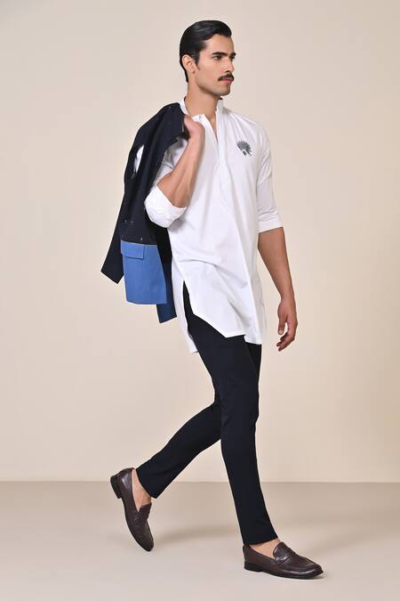 Shop_S&N By Shantnu Nikhil_Off White Bamboo Embroidery Thread Placement Kurta_Online_at_Aza_Fashions