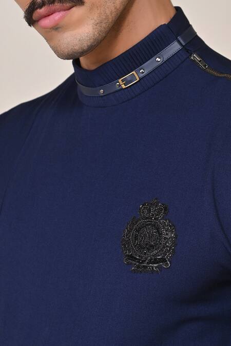 S&N By Shantnu Nikhil_Blue Viscose Crystals Navy Asymmetric Draped Kurta_Online_at_Aza_Fashions