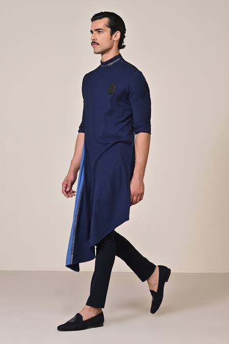 Buy_S&N By Shantnu Nikhil_Blue Viscose Crystals Navy Asymmetric Draped Kurta_Online_at_Aza_Fashions