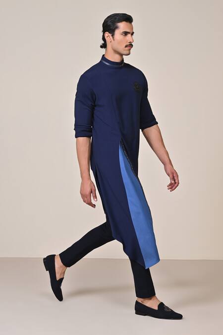 Shop_S&N By Shantnu Nikhil_Blue Viscose Crystals Navy Asymmetric Draped Kurta_Online_at_Aza_Fashions