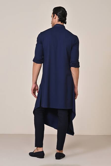 Shop_S&N By Shantnu Nikhil_Blue Viscose Crystals Navy Asymmetric Draped Kurta_at_Aza_Fashions