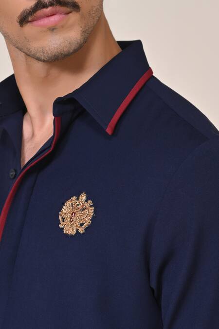 Shop S&N By Shantnu Nikhil Blue Embroidery Crest Placement Shirt Online at Aza Fashions Shop_S&N By Shantnu Nikhil_Blue Embroidery Crest Placement Shirt_Online_at_Aza_Fashions