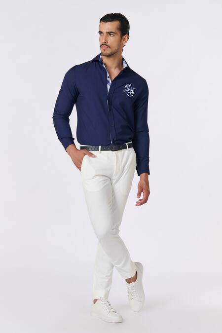 S&N By Shantnu Nikhil_Blue Terrycloth Embroidery Navy Abstract Shirt_Online_at_Aza_Fashions