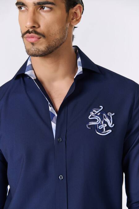 Buy_S&N By Shantnu Nikhil_Blue Terrycloth Embroidery Navy Abstract Shirt_Online_at_Aza_Fashions