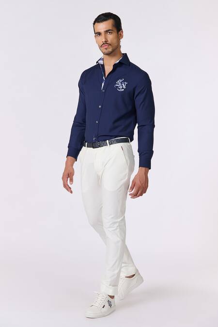 Shop_S&N By Shantnu Nikhil_Blue Terrycloth Embroidery Navy Abstract Shirt_Online_at_Aza_Fashions