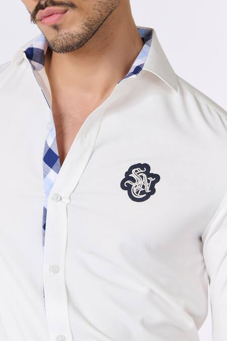 Shop_S&N By Shantnu Nikhil_Off White Terrycloth Embroidery Sncc Abstract Patchwork Shirt_Online_at_Aza_Fashions