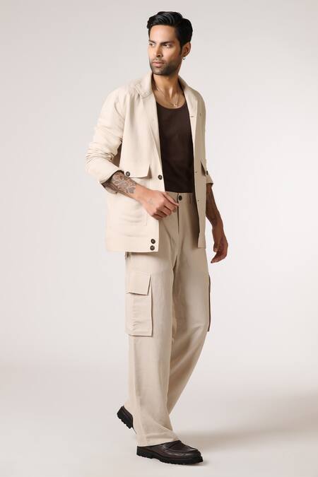 S&N By Shantnu Nikhil Beige Cotton, Linen Plain Shirt With Collar Online at Aza Fashions S&N By Shantnu Nikhil_Beige Cotton, Linen Plain Shirt With Collar_Online_at_Aza_Fashions