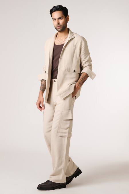 Buy S&N By Shantnu Nikhil Beige Cotton, Linen Plain Shirt With Collar Online at Aza Fashions Buy_S&N By Shantnu Nikhil_Beige Cotton, Linen Plain Shirt With Collar_Online_at_Aza_Fashions
