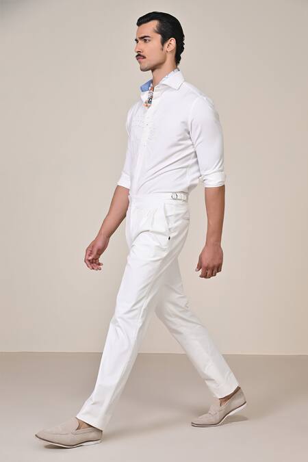 S&N By Shantnu Nikhil_Off White Viscose Embroidery Thread Placement Shirt_Online_at_Aza_Fashions