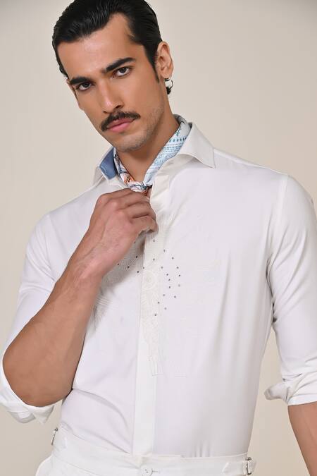 Shop_S&N By Shantnu Nikhil_Off White Viscose Embroidery Thread Placement Shirt_Online_at_Aza_Fashions