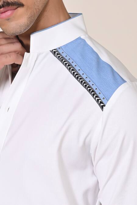 Shop_S&N By Shantnu Nikhil_Off White Viscose Rhinestones Threadwork Embroidered Shirt_Online_at_Aza_Fashions