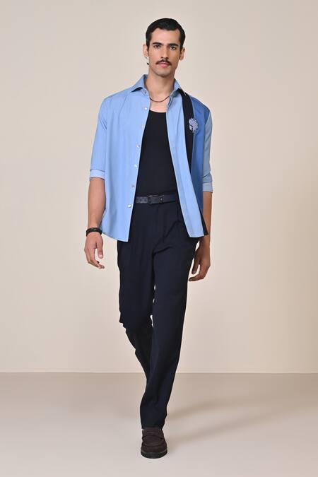 S&N By Shantnu Nikhil_Blue Terrycloth Embroidery Colorblock Shirt_Online_at_Aza_Fashions