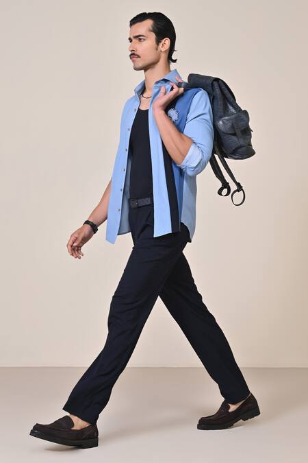 Shop_S&N By Shantnu Nikhil_Blue Terrycloth Embroidery Colorblock Shirt_Online_at_Aza_Fashions