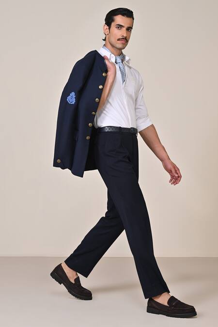 S&N By Shantnu Nikhil_Off White Viscose, Polyester Embroidery Crest Shirt_Online_at_Aza_Fashions